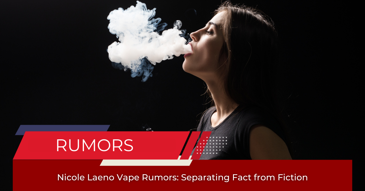 Woman exhaling vapor under red ‘rumors’ banner about vape controversy